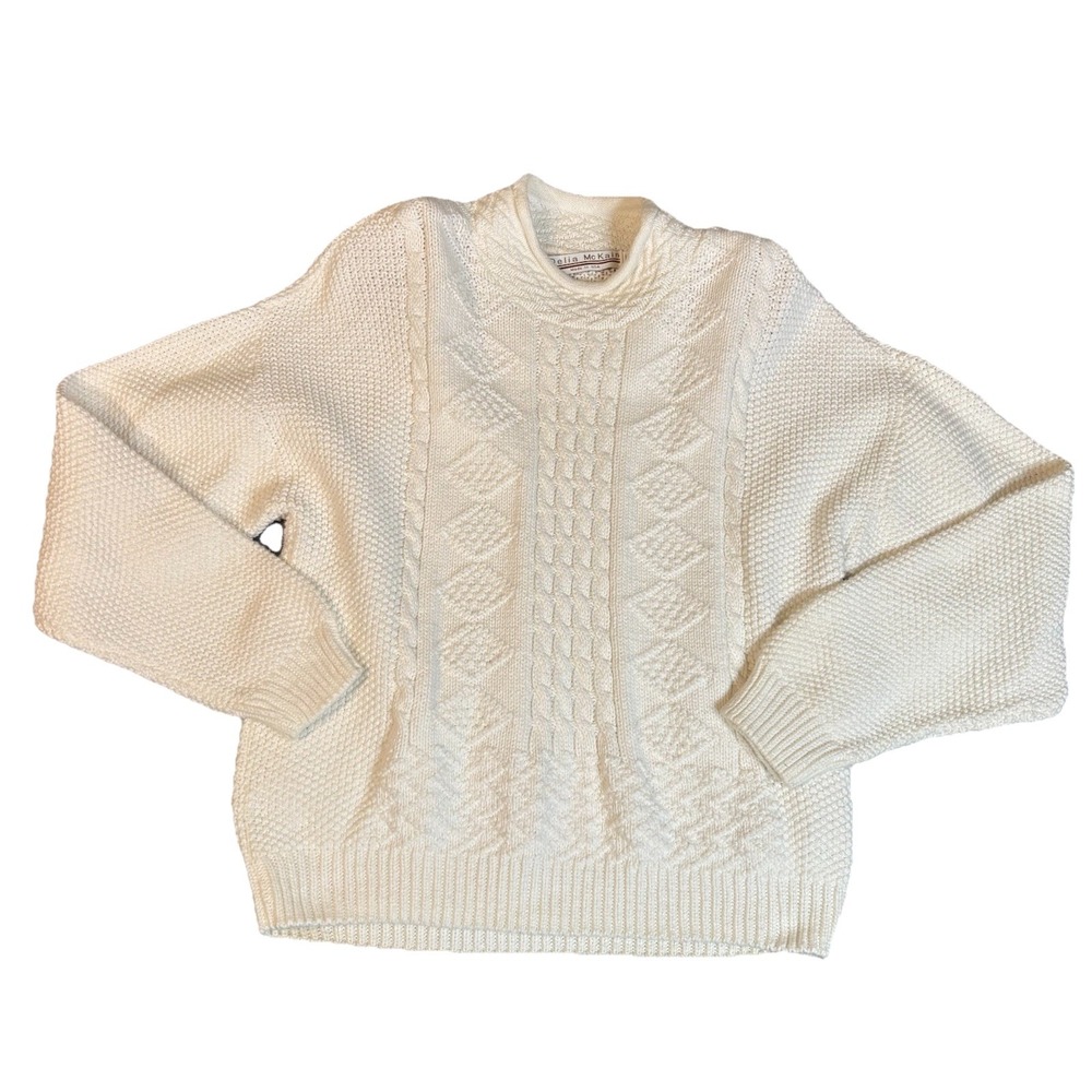 Vintage Delia McKain Mock Neck‎ Fisherman Sweater White size Large USA Classic
